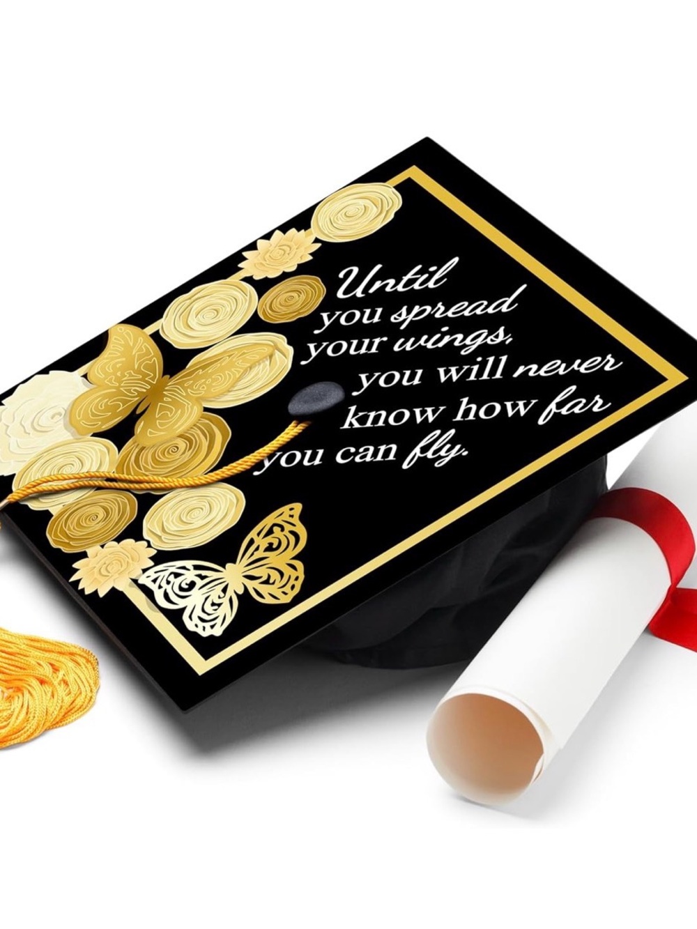 Black & Gold Graduation Cap Topper with Butterfly Quote